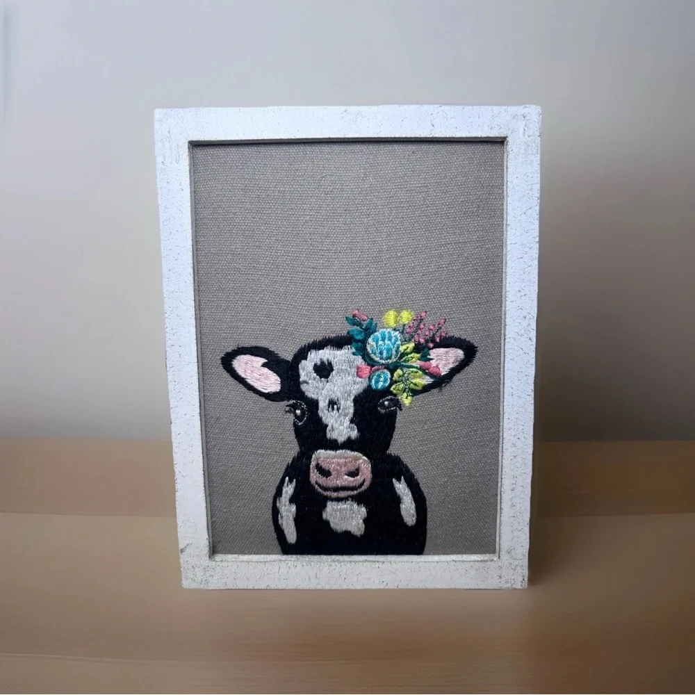 Charming Cow Embroidery Wall Art - White Frame